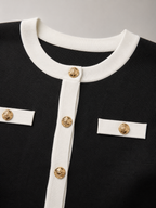 Women's knitted mini dress with contrast trim and gold-tone buttons