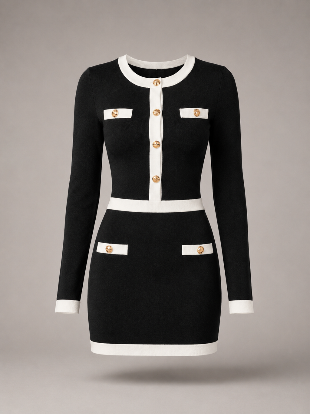 Women's knitted mini dress with contrast trim and gold-tone buttons