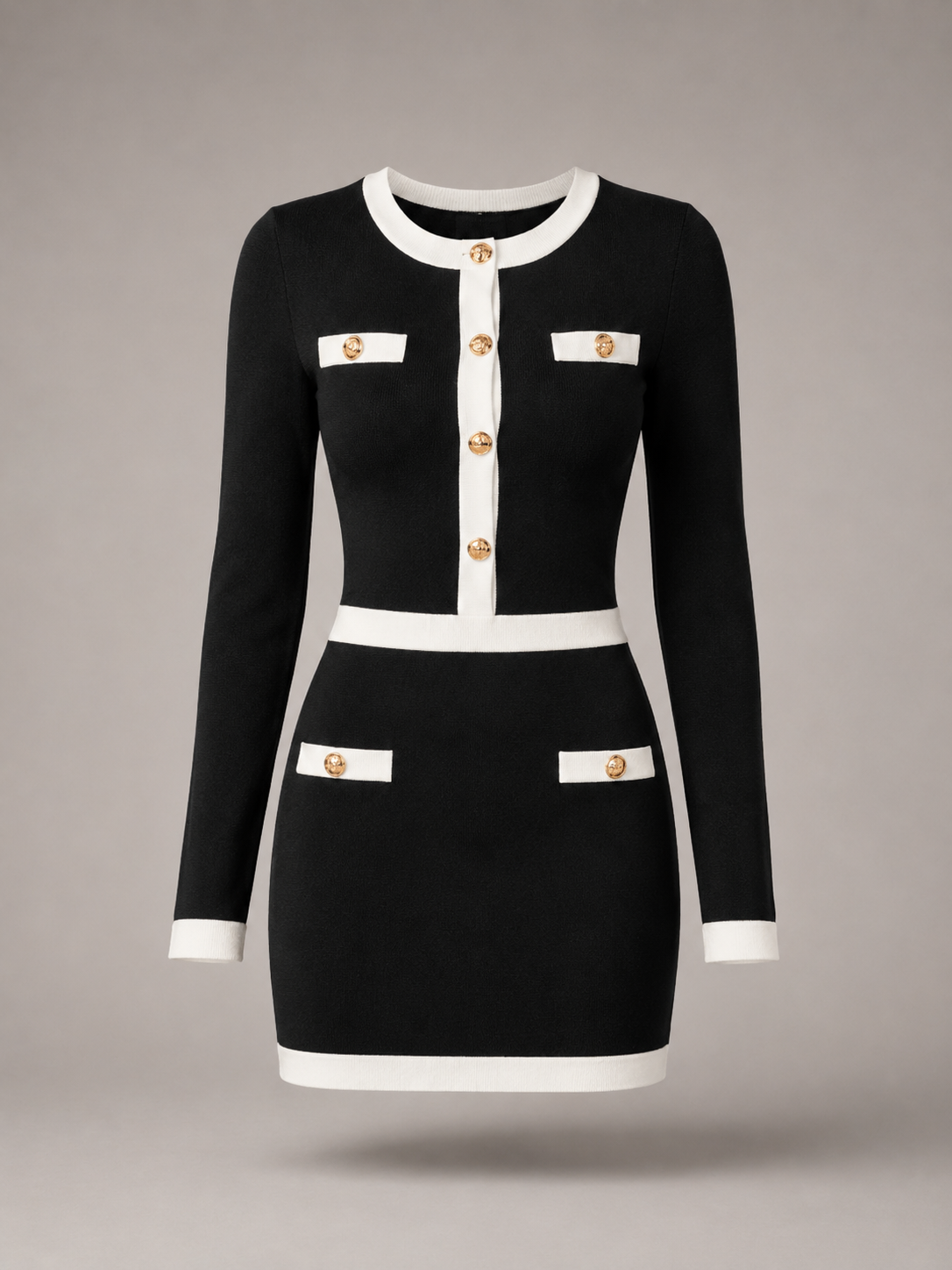 Women's knitted mini dress with contrast trim and gold-tone buttons
