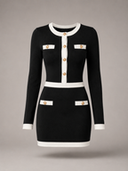 Women's knitted mini dress with contrast trim and gold-tone buttons