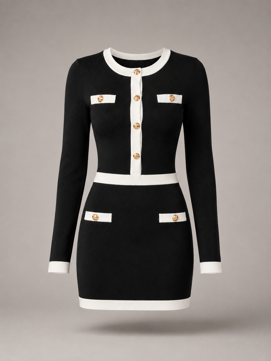 Women's knitted mini dress with contrast trim and gold-tone buttons