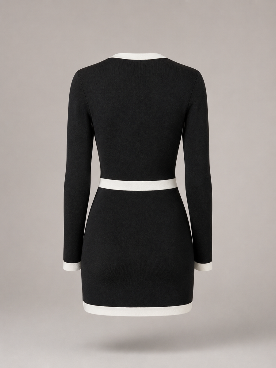 Women's knitted mini dress with contrast trim and gold-tone buttons