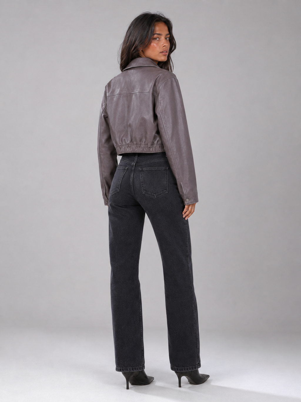 Women's faux leather trucker jacket