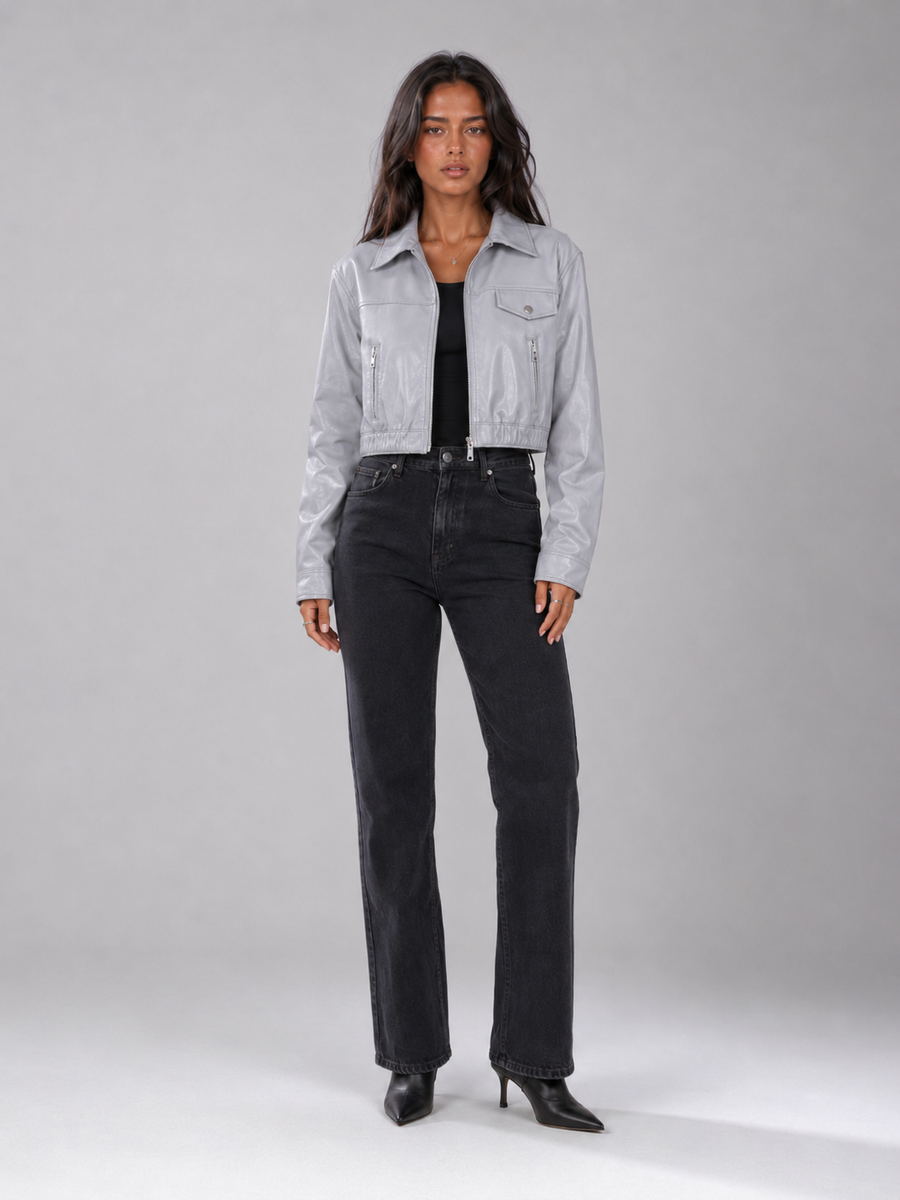 Women's faux leather trucker jacket