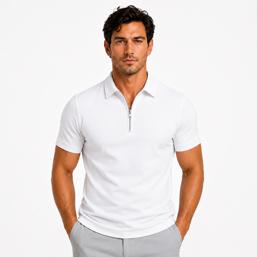Men's slim-fit zip-neck short-sleeve polo shirt