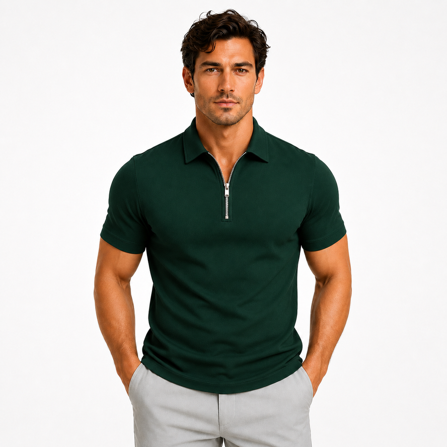 Men's slim-fit zip-neck short-sleeve polo shirt