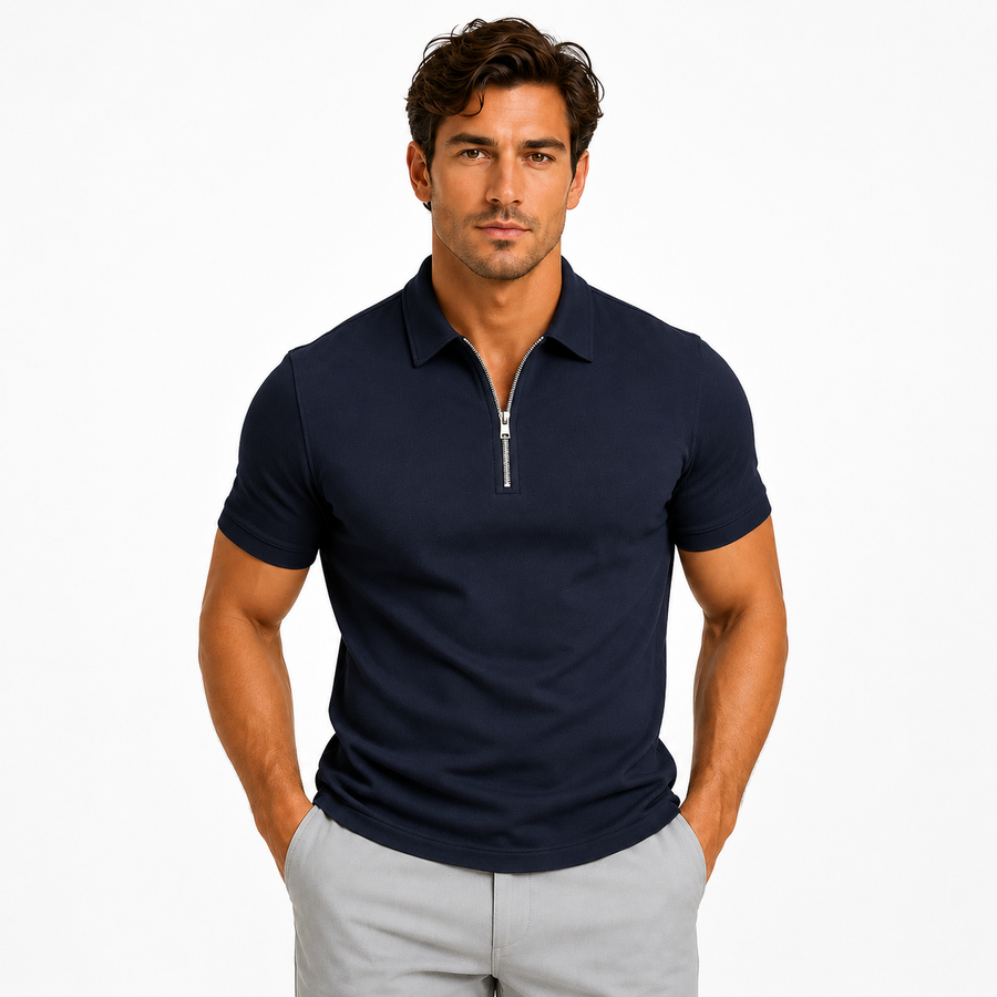 Men's slim-fit zip-neck short-sleeve polo shirt