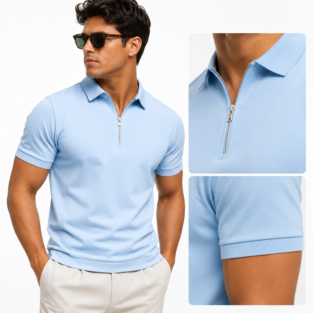 Men's slim-fit zip-neck short-sleeve polo shirt