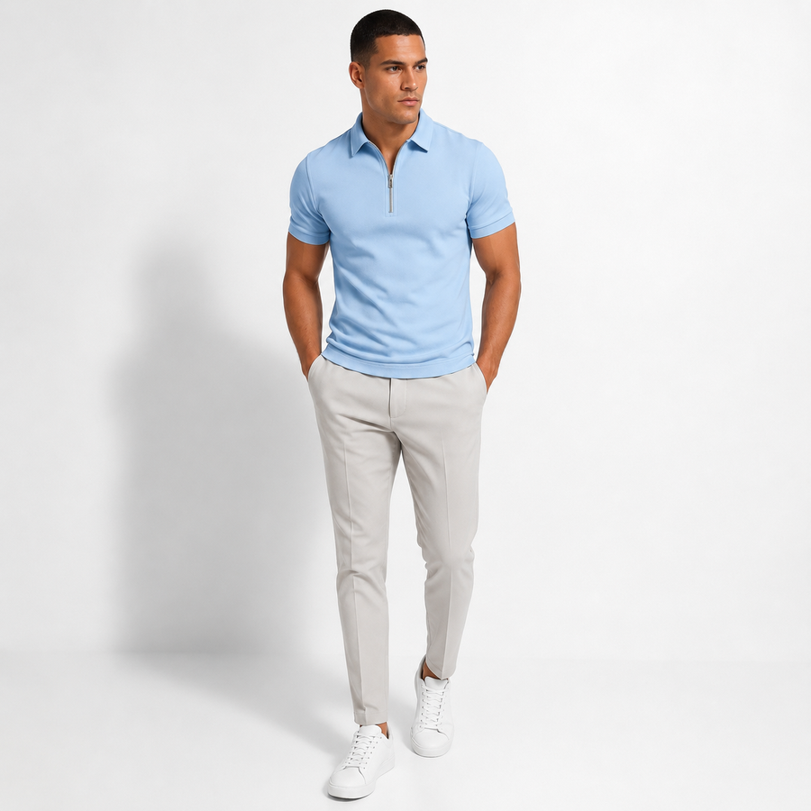 Men's slim-fit zip-neck short-sleeve polo shirt