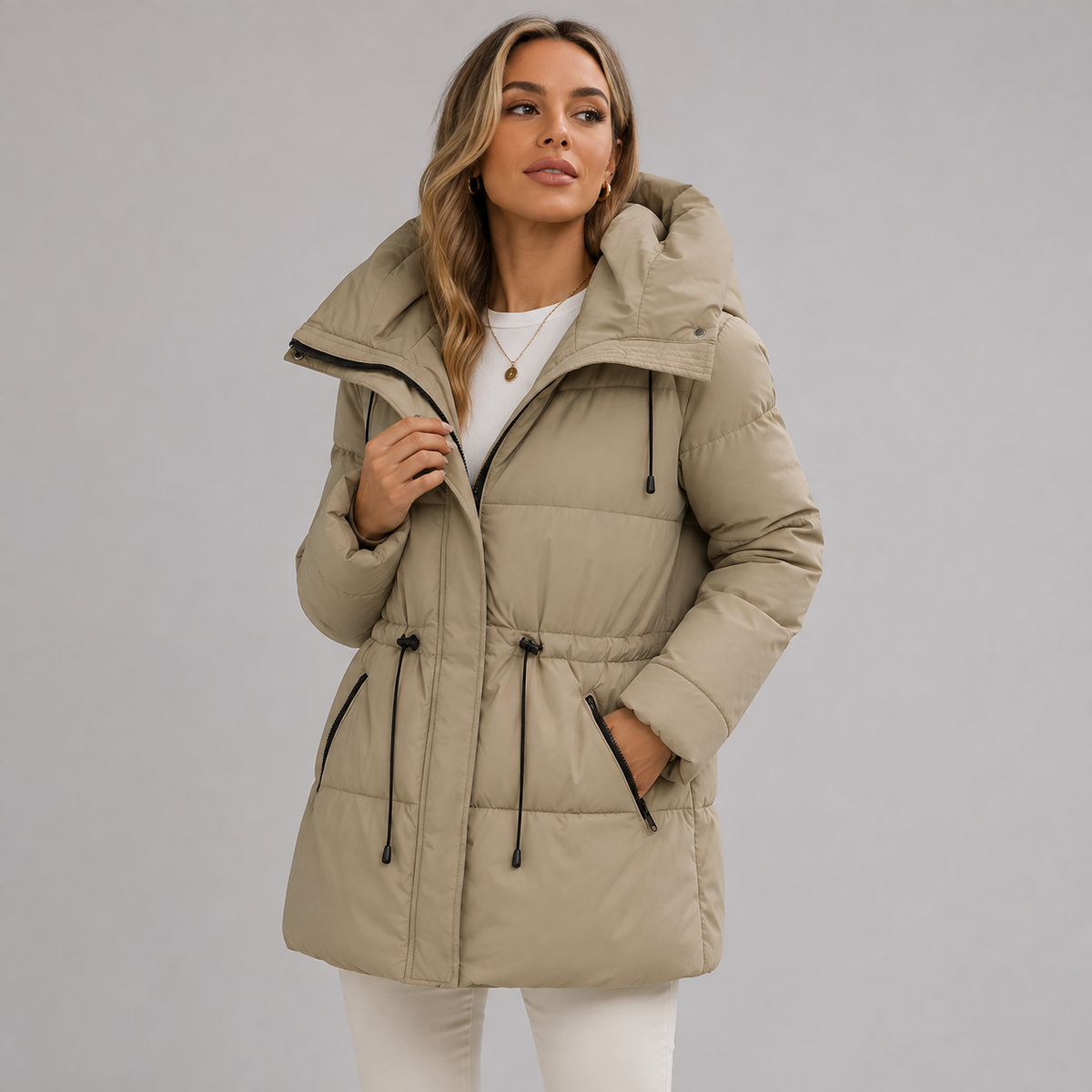 Women's padded hooded mid-length parka jacket