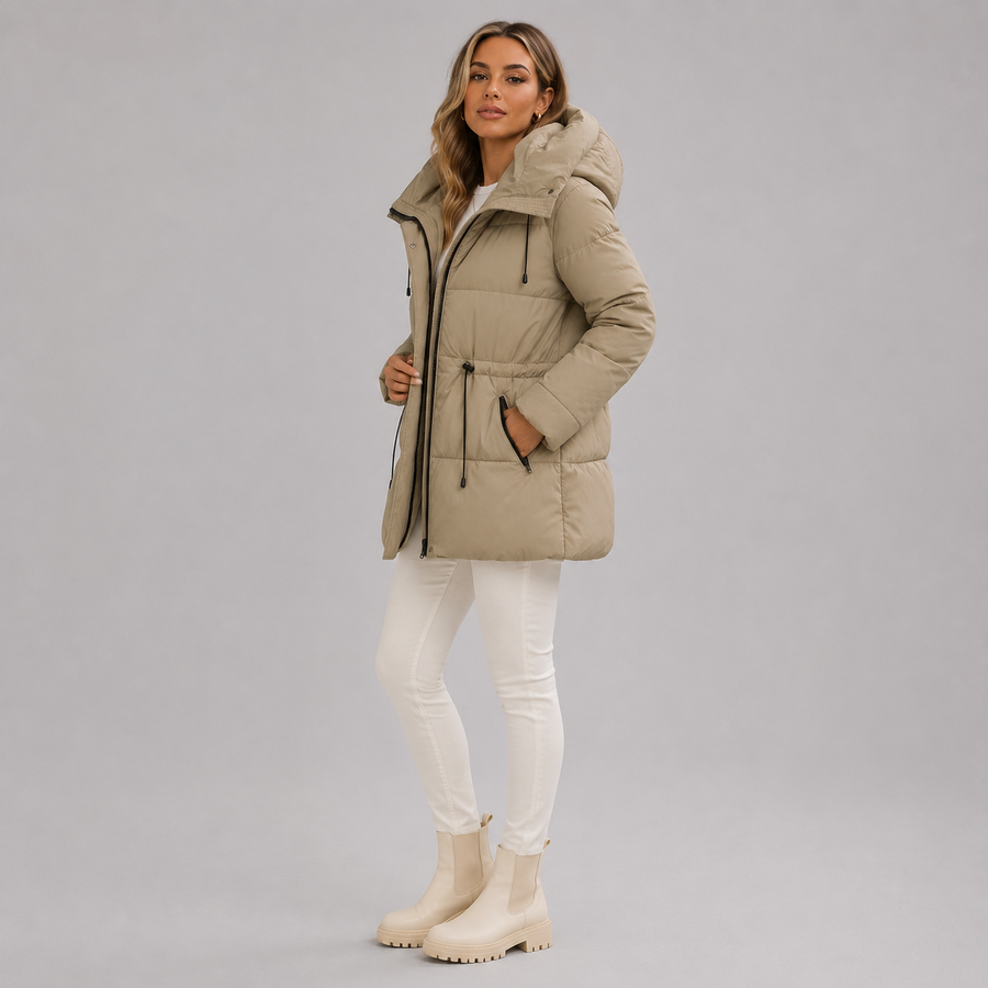 Women's padded hooded mid-length parka jacket