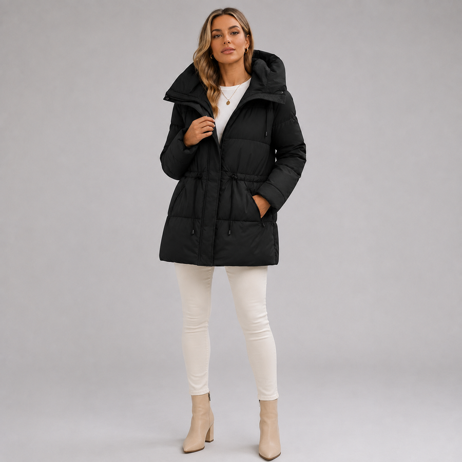 Women's padded hooded mid-length parka jacket