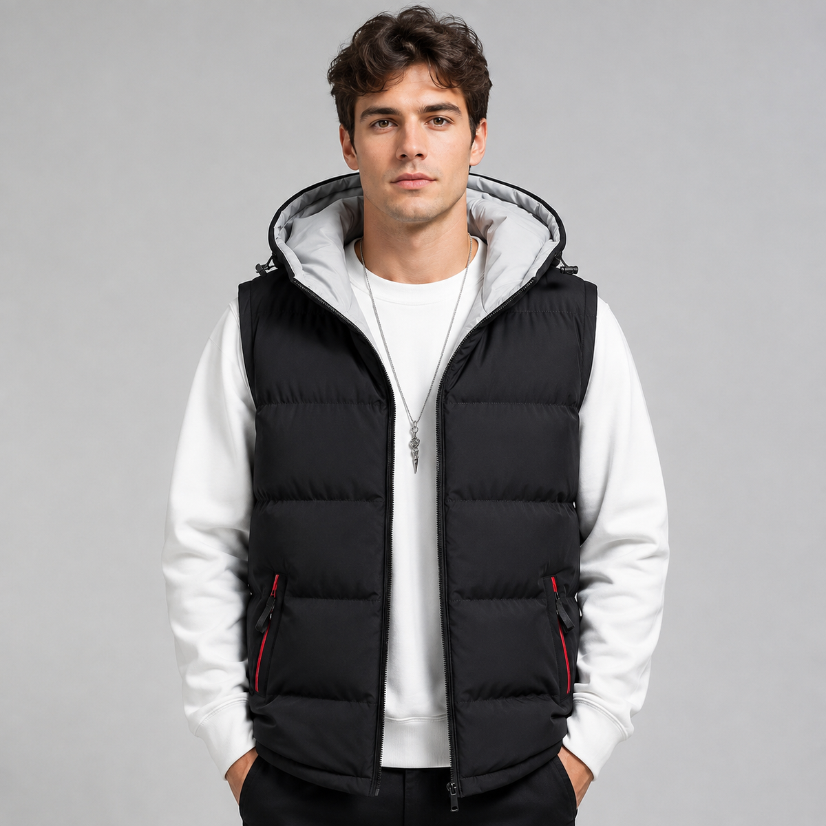 Men's straight-cut hooded padded gilet