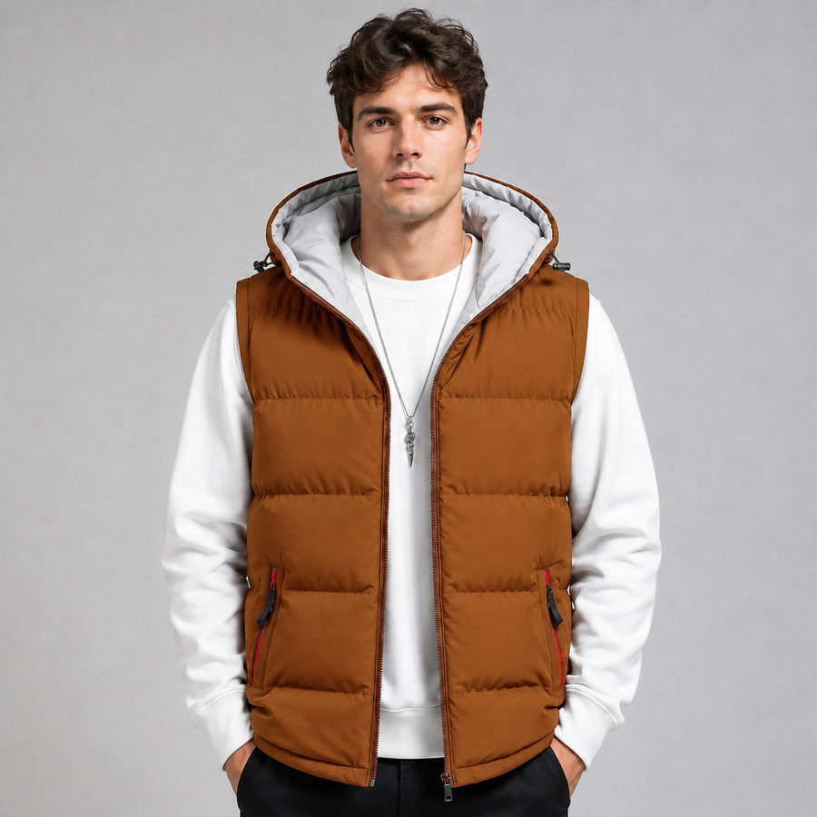 Men's straight-cut hooded padded gilet