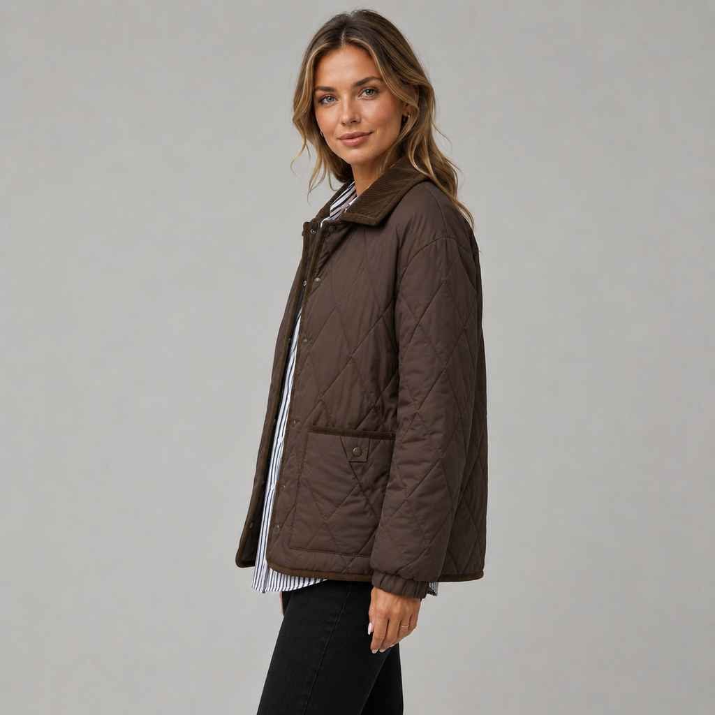 Women's cropped check quilted jacket with contrast collar
