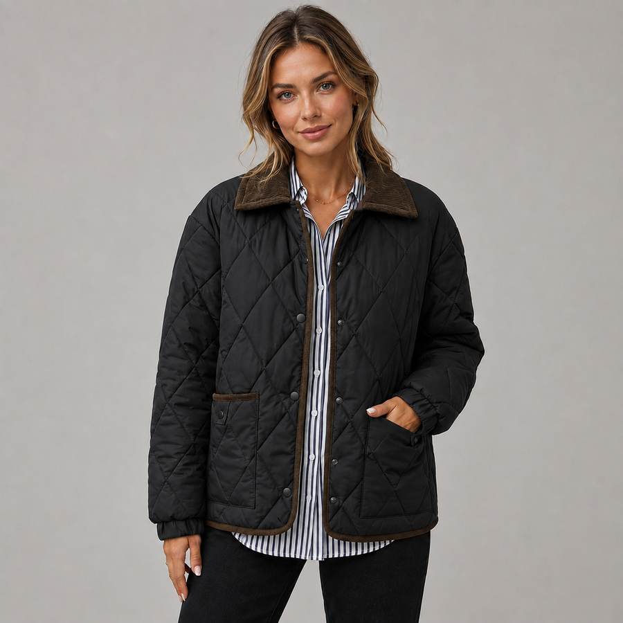 Women's cropped check quilted jacket with contrast collar