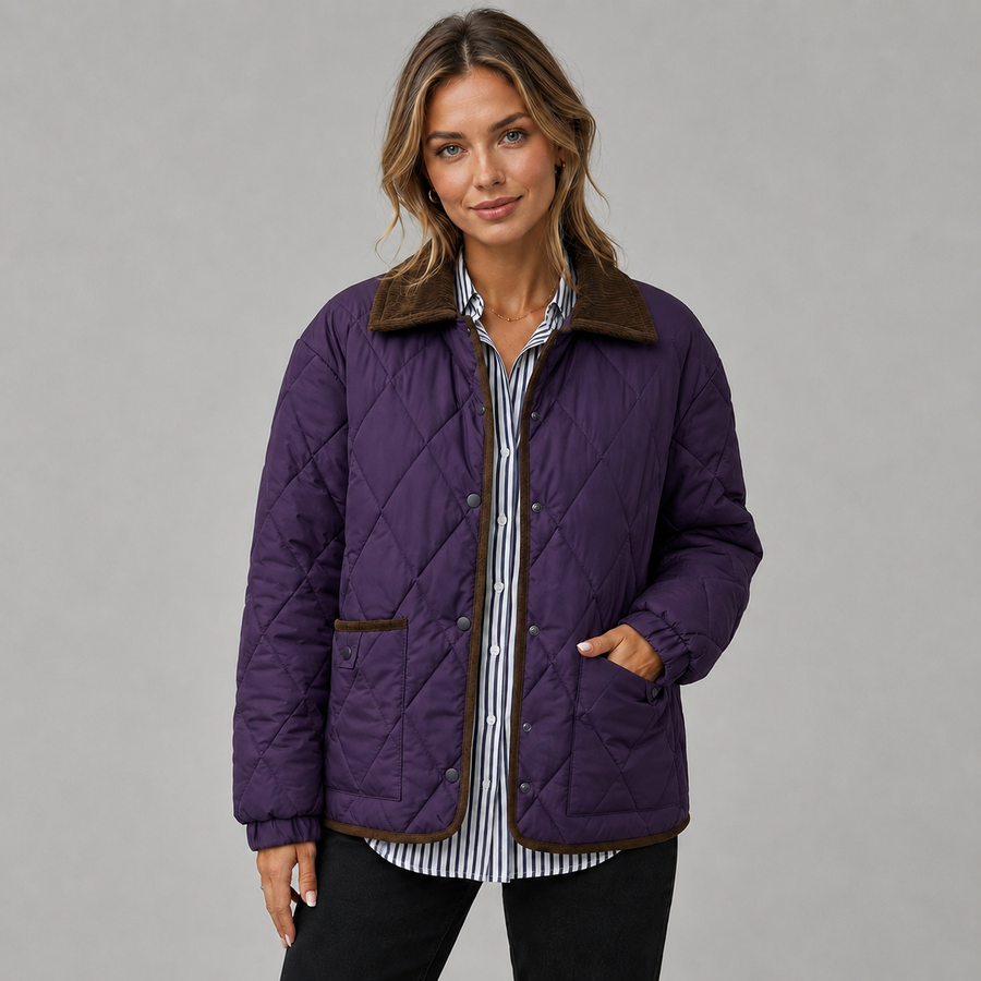 Women's cropped check quilted jacket with contrast collar