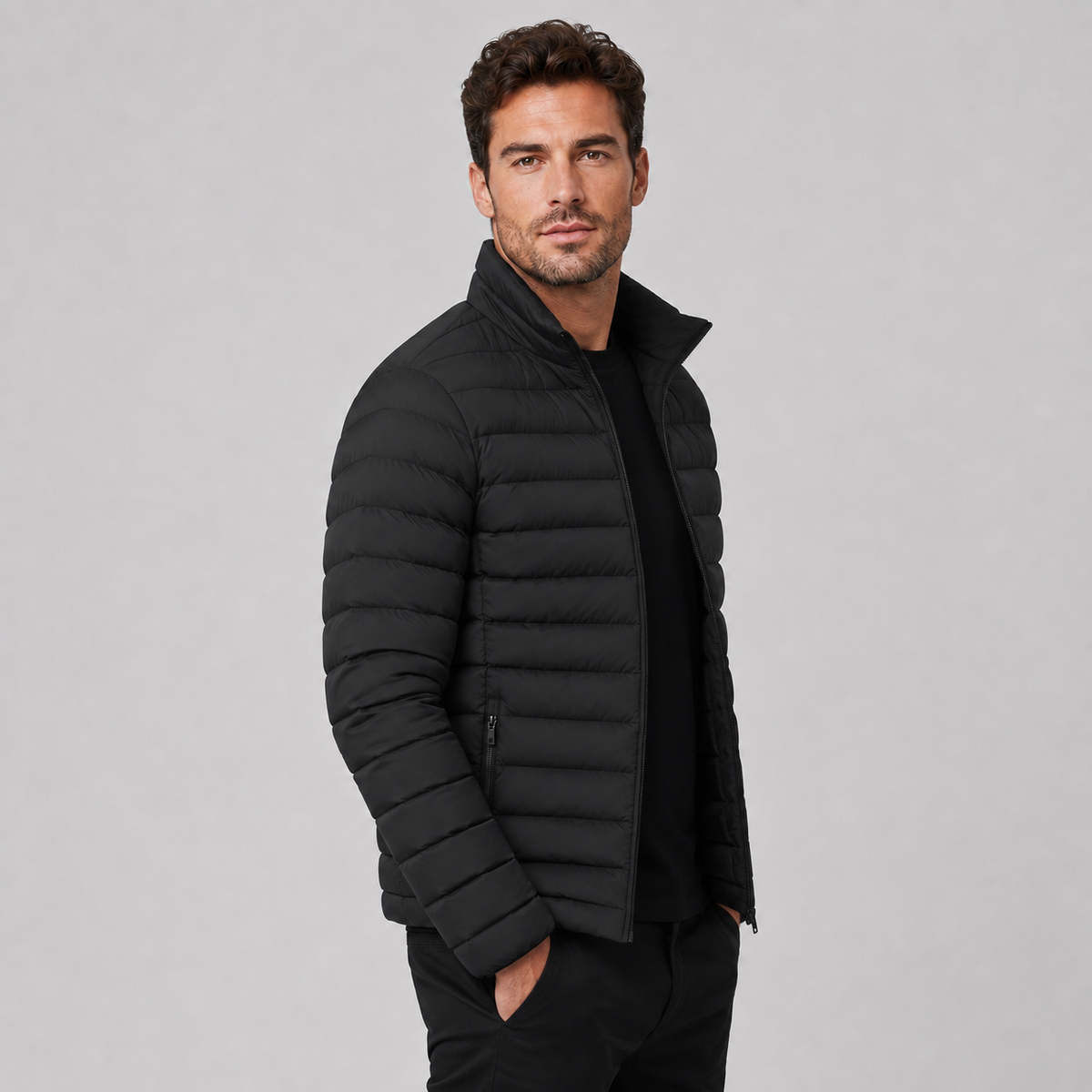Men's lightweight stand collar puffer jacket