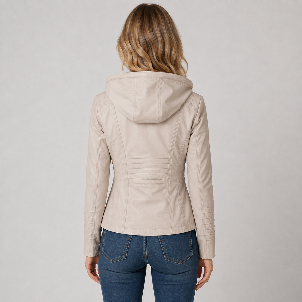 Women's leather-look zip-up jacket with detachable hood
