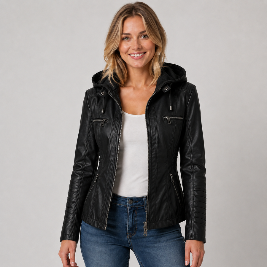 Women's leather-look zip-up jacket with detachable hood
