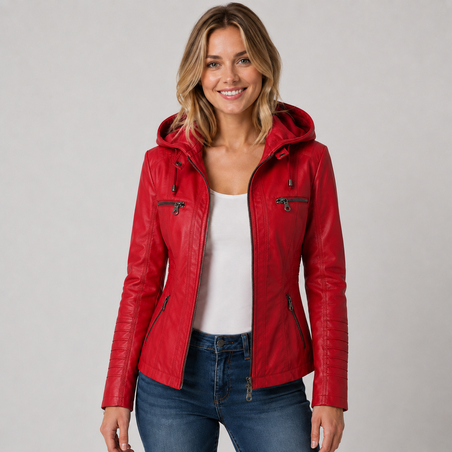 Women's leather-look zip-up jacket with detachable hood