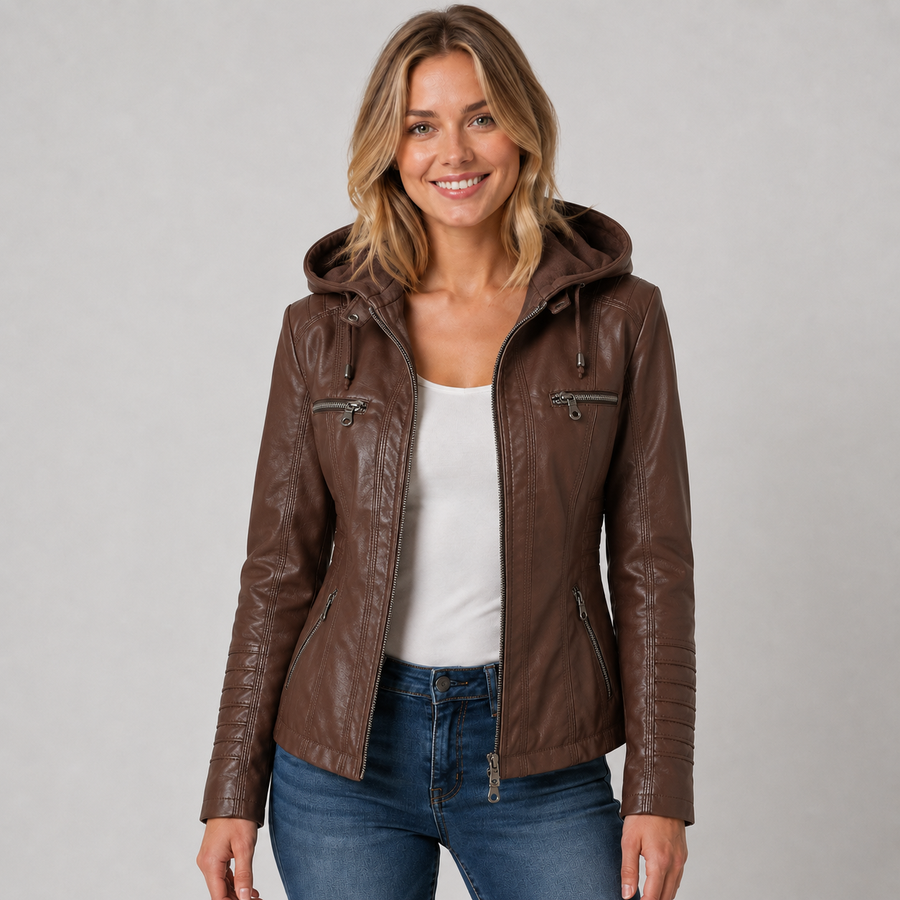Women's leather-look zip-up jacket with detachable hood