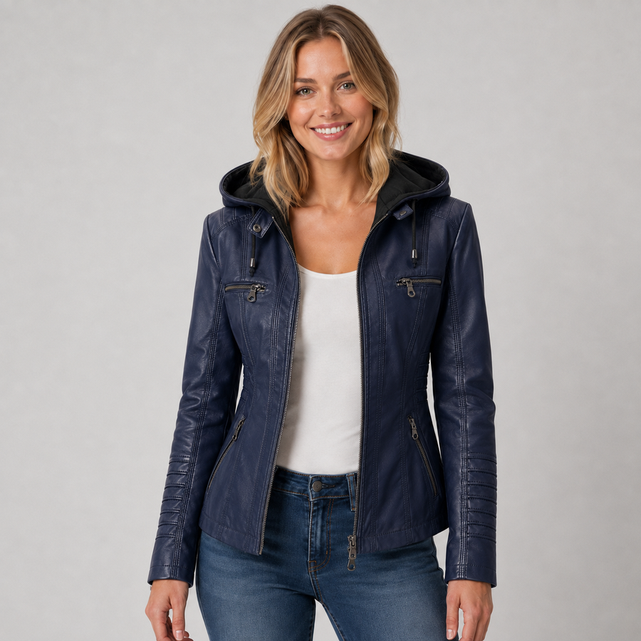Women's leather-look zip-up jacket with detachable hood