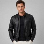 Men's leather-look stand collar biker jacket