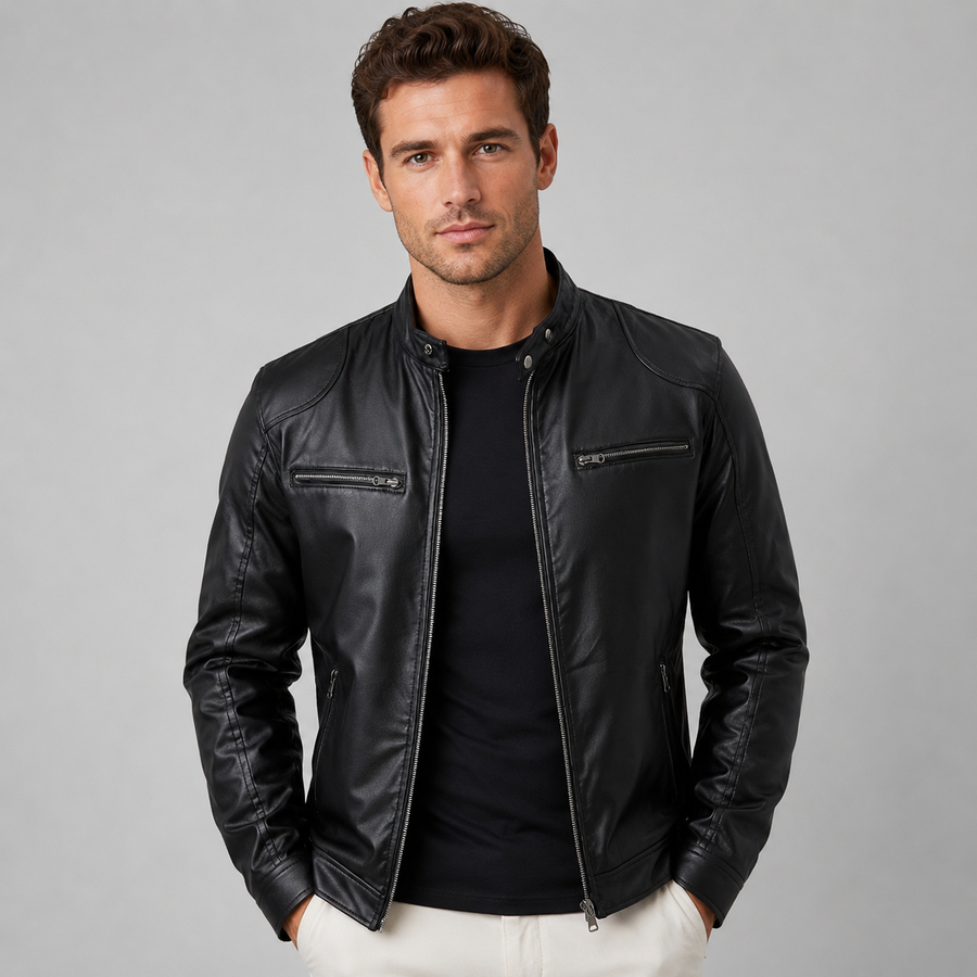 Men's leather-look stand collar biker jacket