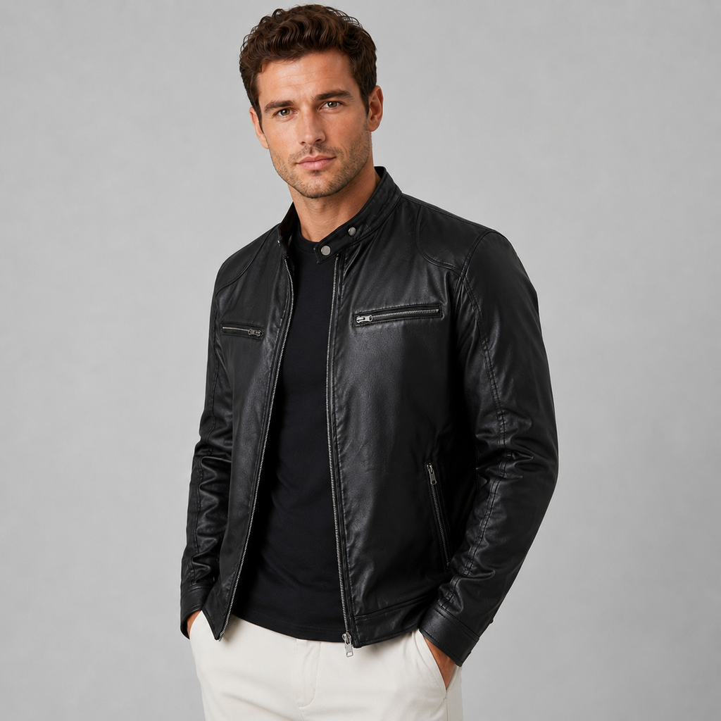 Men's leather-look stand collar biker jacket