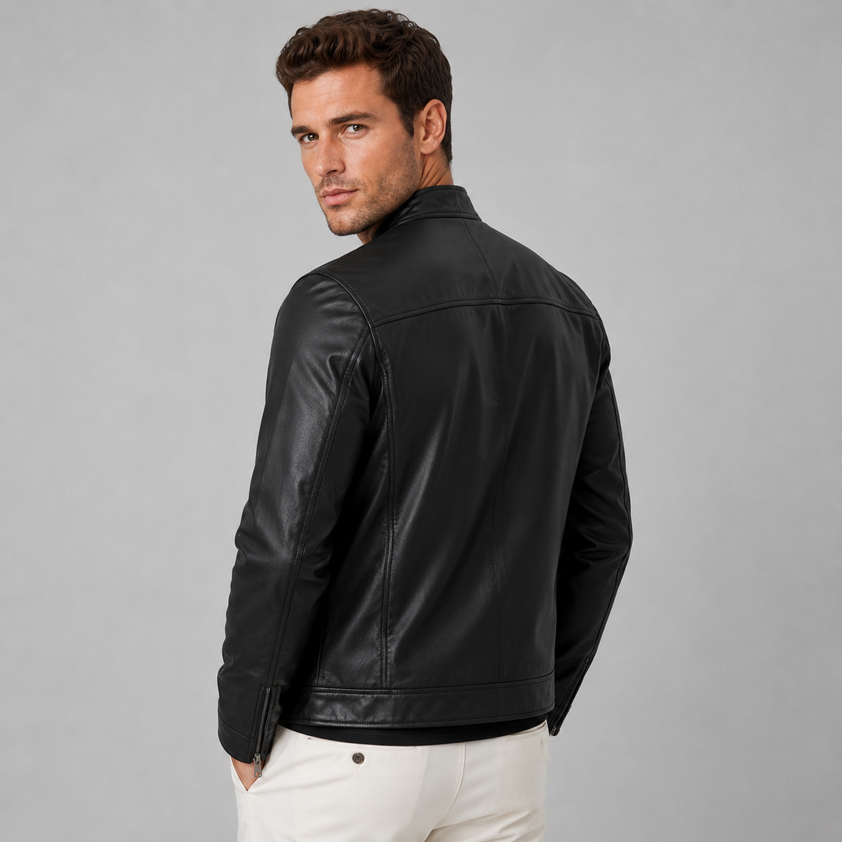 Men's leather-look stand collar biker jacket