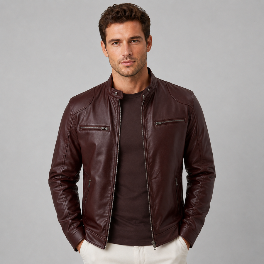 Men's leather-look stand collar biker jacket
