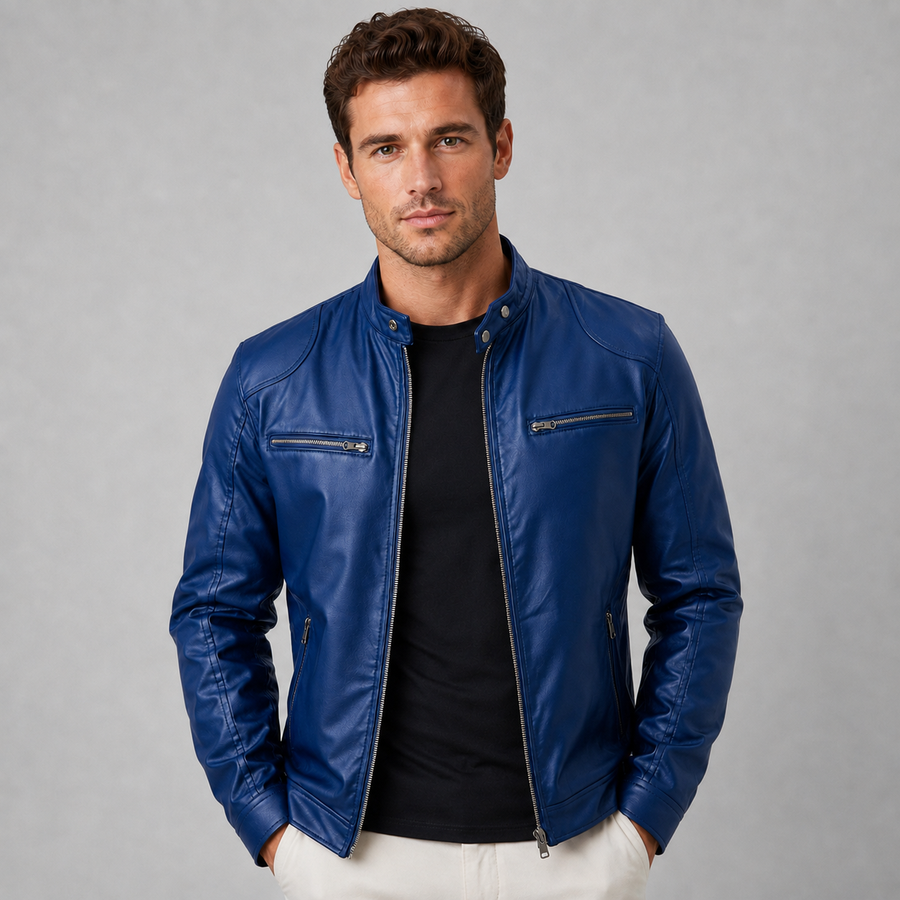 Men's leather-look stand collar biker jacket