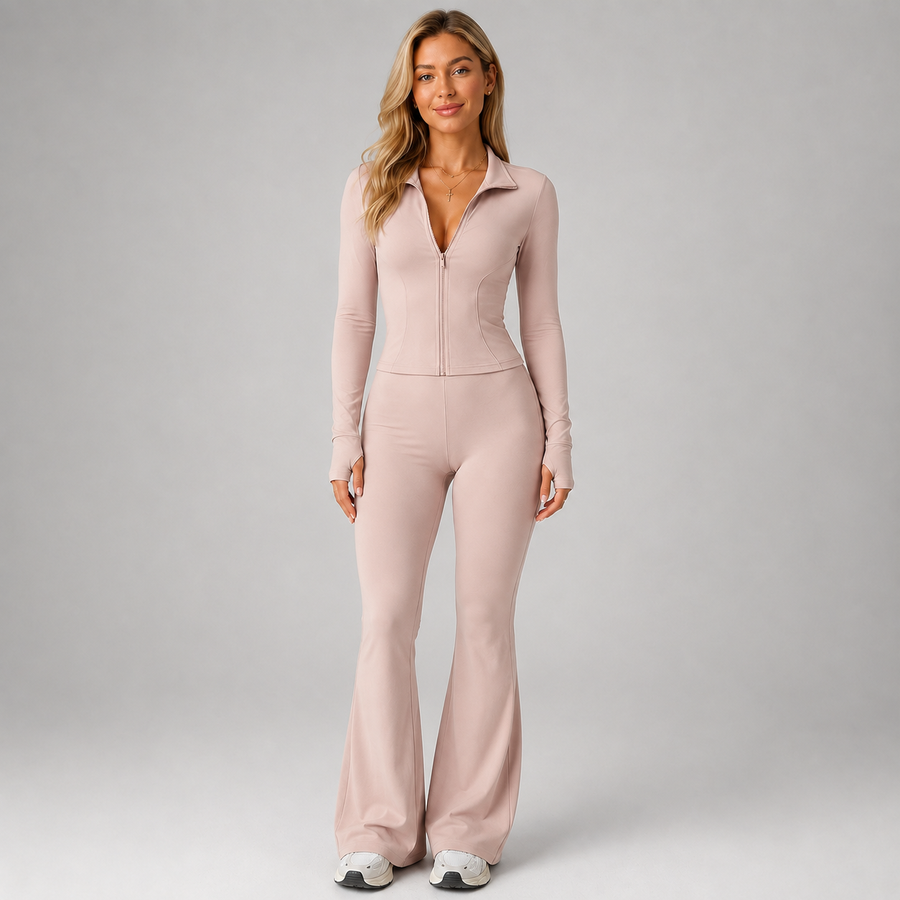 Women's ribbed zip top and flared trouser co-ord set