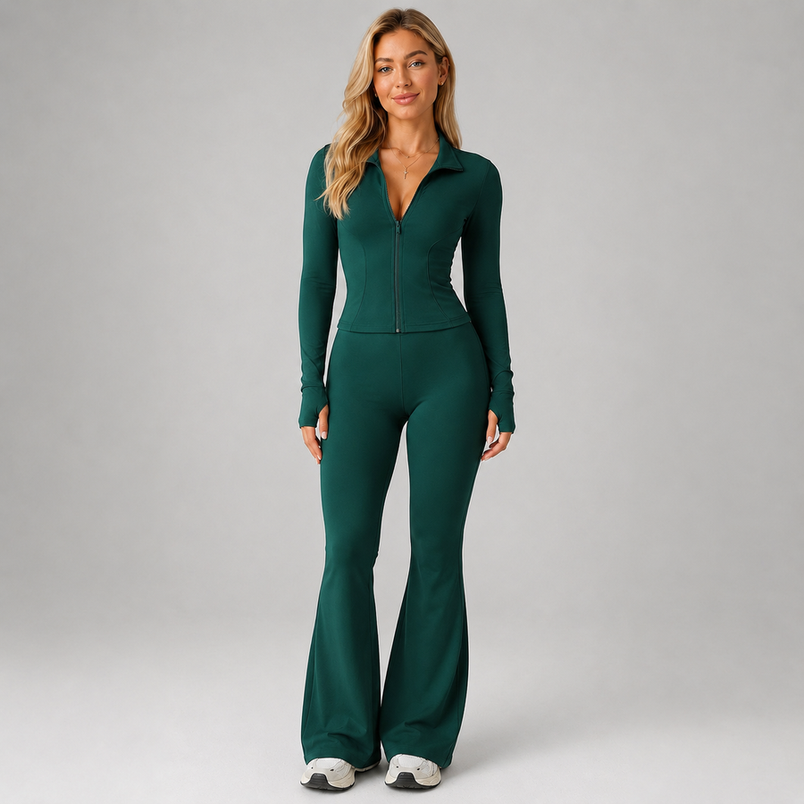 Women's ribbed zip top and flared trouser co-ord set