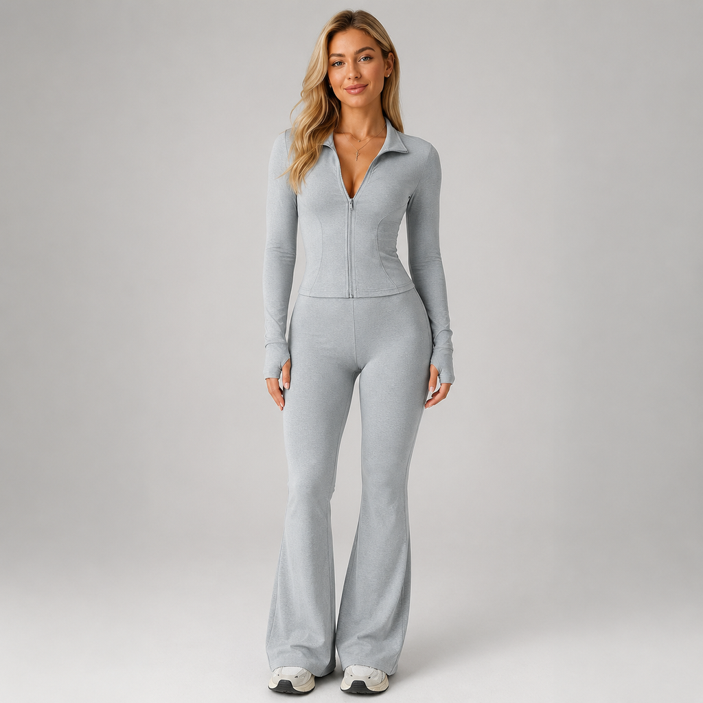 Women's ribbed zip top and flared trouser co-ord set