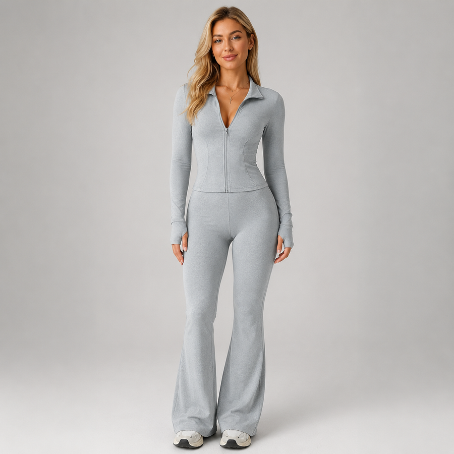 Women's ribbed zip top and flared trouser co-ord set