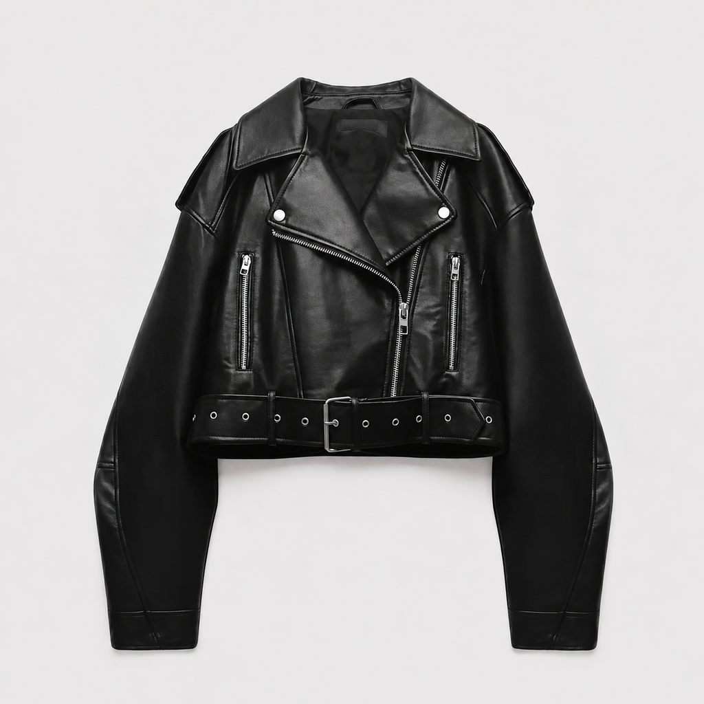 Women's leather-look belted biker jacket