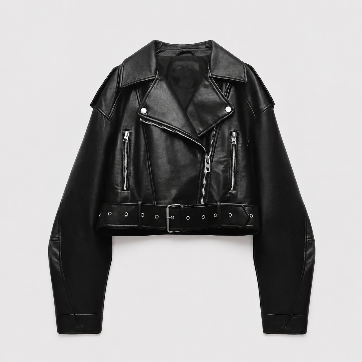 Women's leather-look belted biker jacket