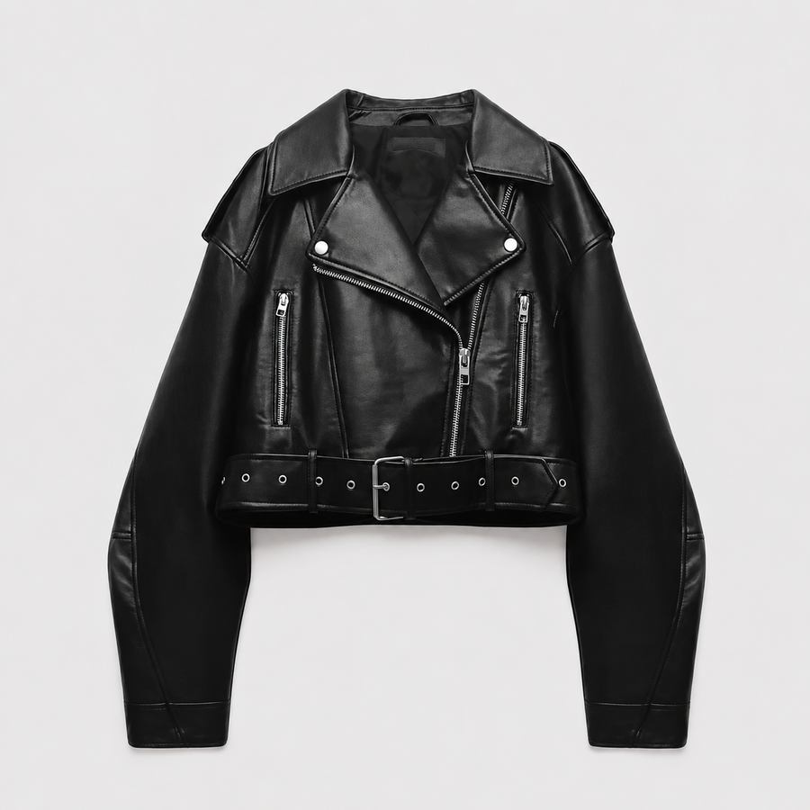 Women's leather-look belted biker jacket