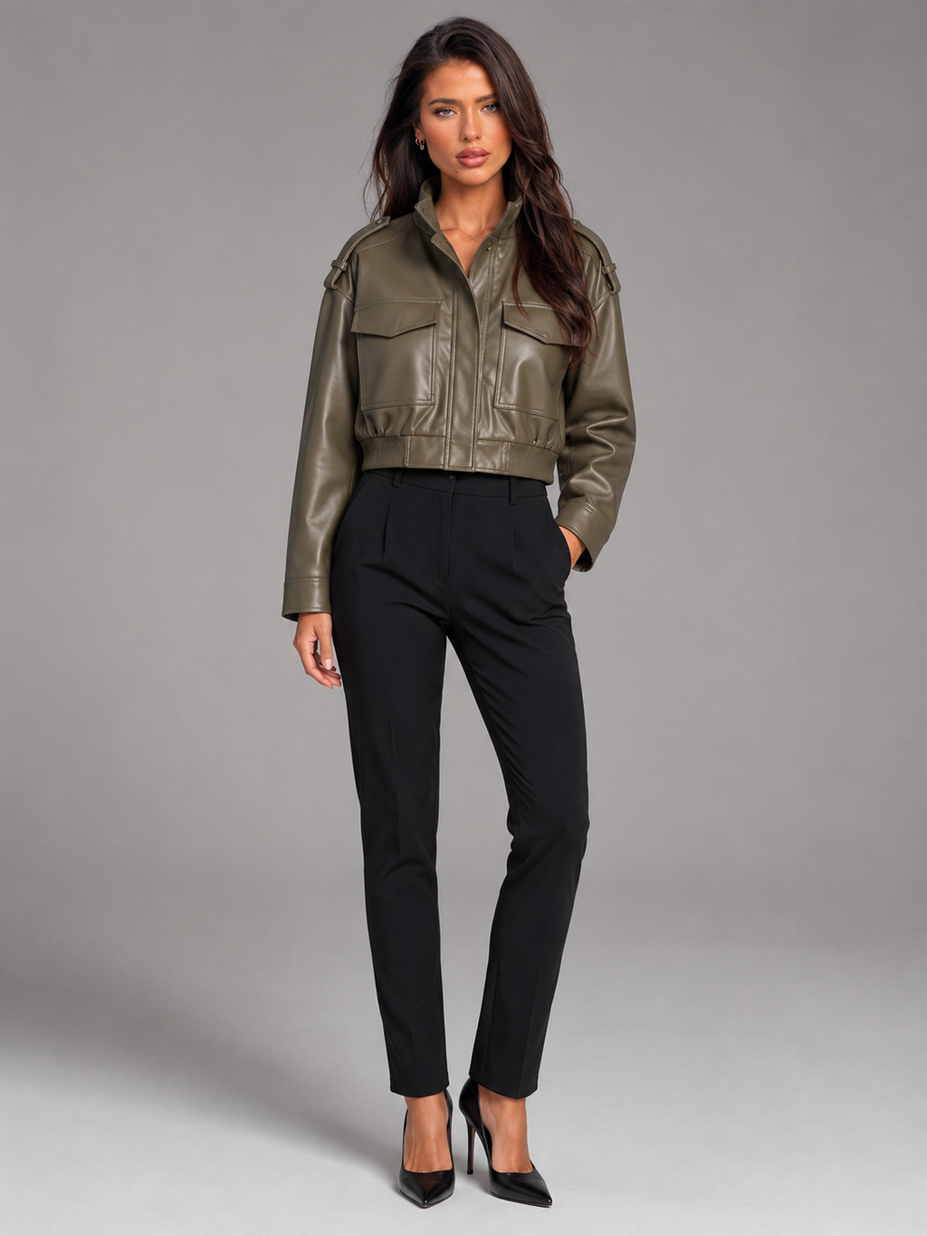 Women's short faux leather utility jacket with a mandarin collar