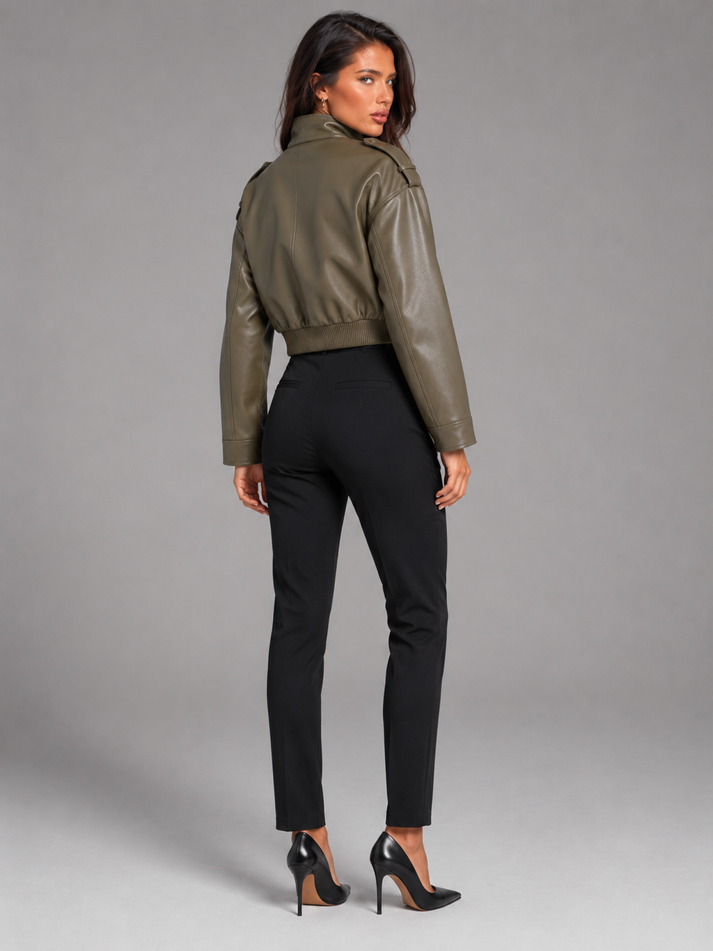 Women's short faux leather utility jacket with a mandarin collar