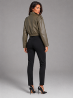 Women's short faux leather utility jacket with a mandarin collar