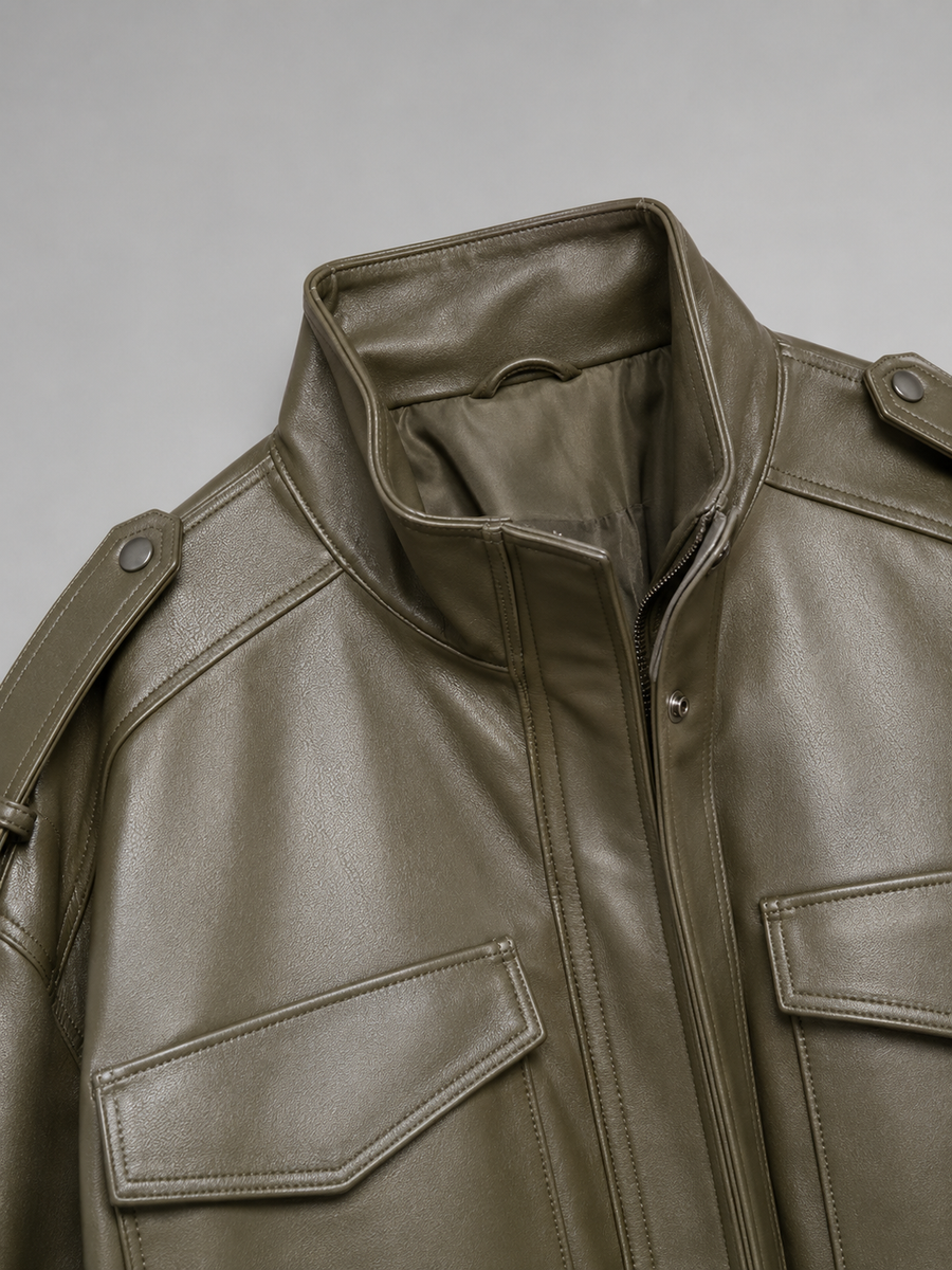 Women's short faux leather utility jacket with a mandarin collar