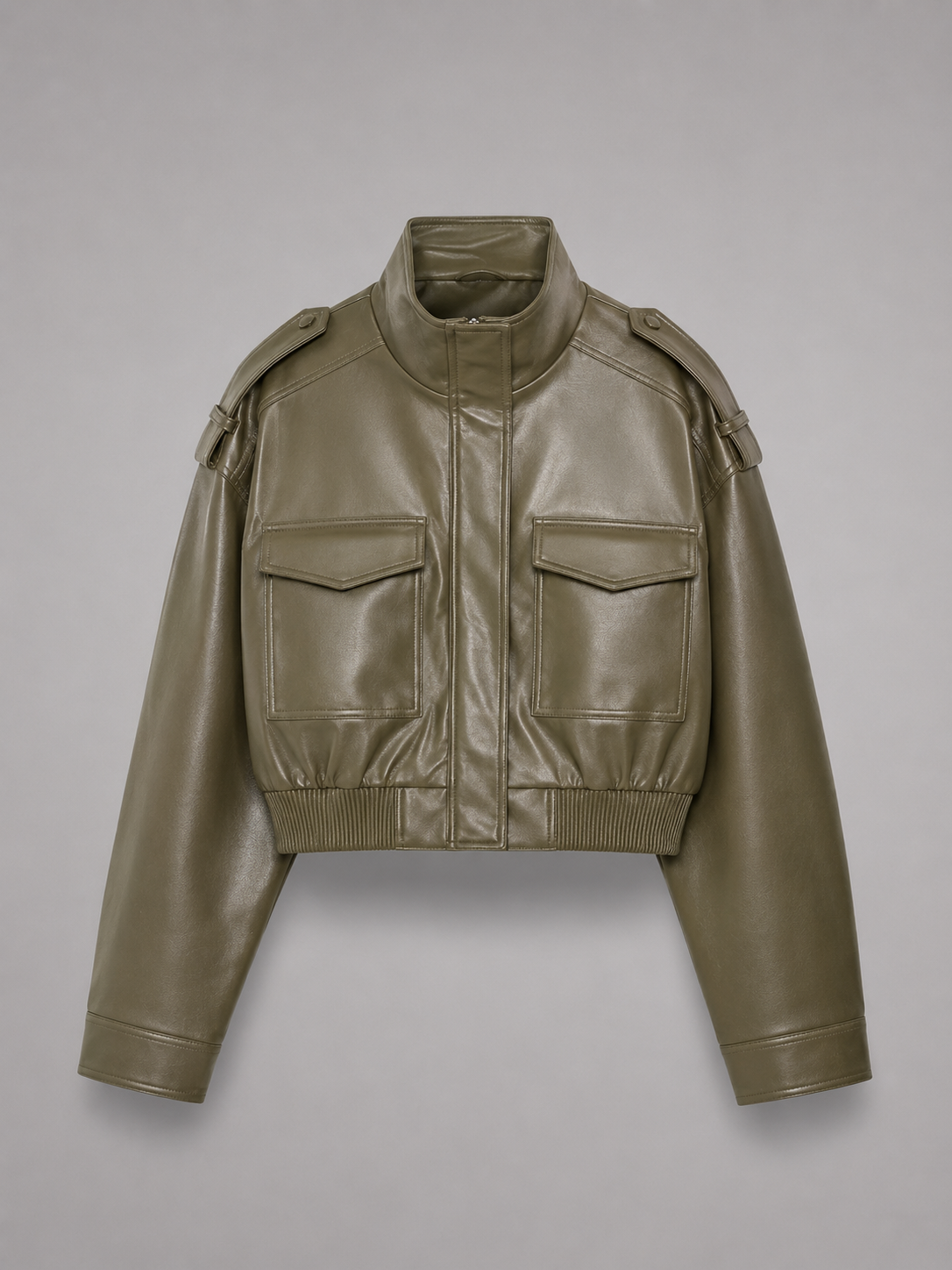 Women's short faux leather utility jacket with a mandarin collar