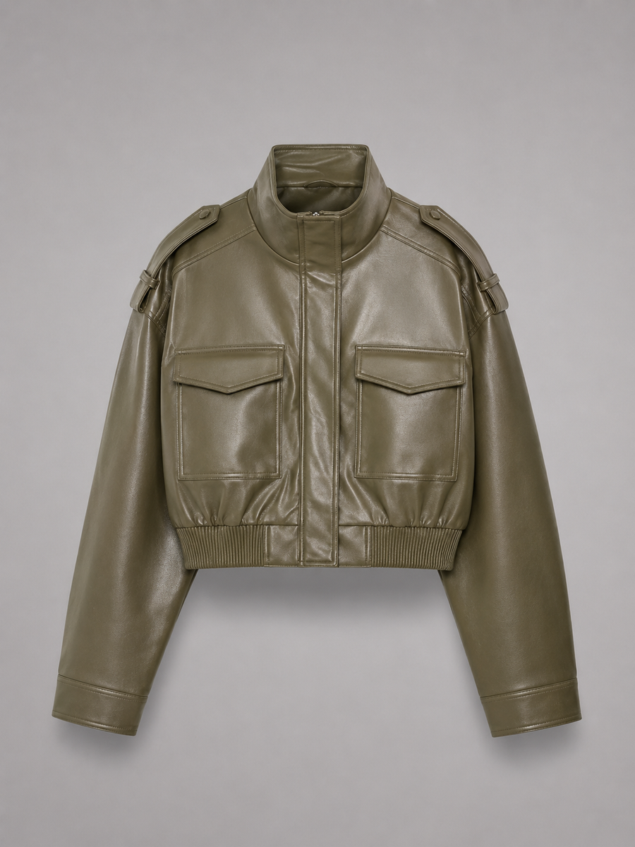 Women's short faux leather utility jacket with a mandarin collar
