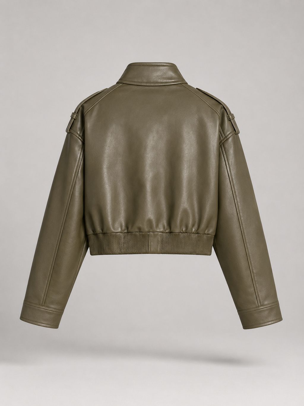Women's short faux leather utility jacket with a mandarin collar