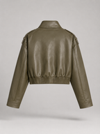 Women's short faux leather utility jacket with a mandarin collar