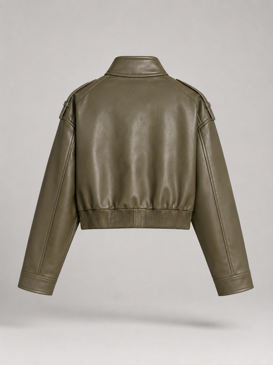 Women's short faux leather utility jacket with a mandarin collar