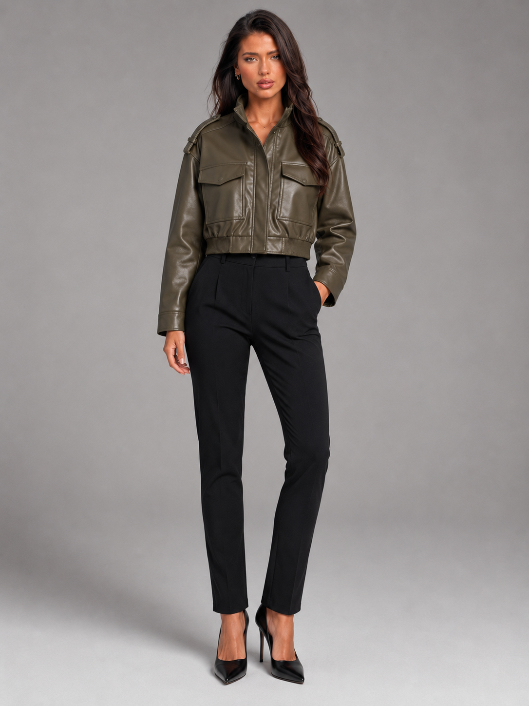 Women's short faux leather utility jacket with a mandarin collar